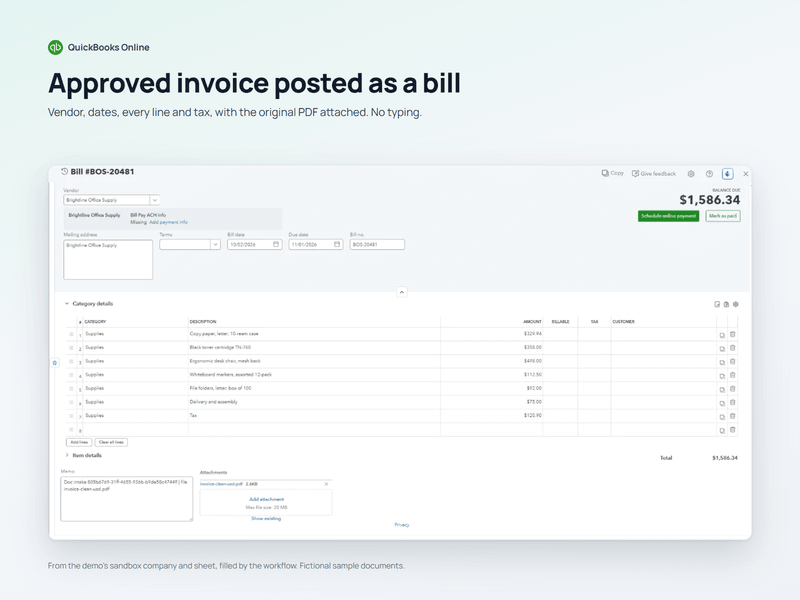 Posted to QuickBooks as a bill, with the original PDF attached.