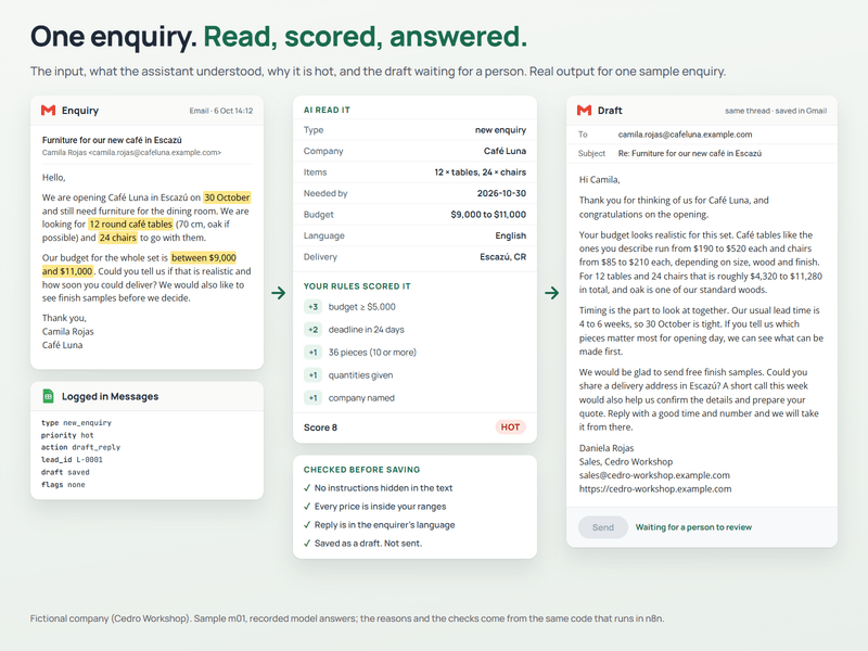 An enquiry next to its drafted reply and the reasons behind its priority.
