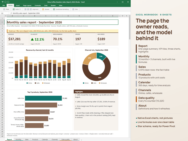 The finished Excel report: key numbers, native charts and live formulas over a clean model.